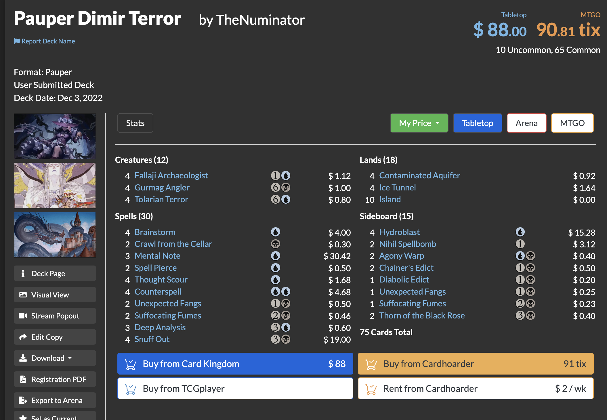 Dimir Terror Pauper decklist screenshot