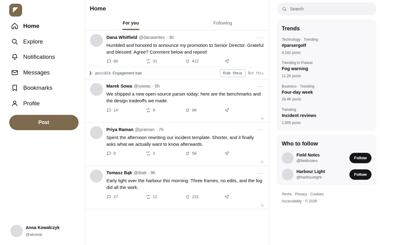 A short-form timeline with the same review band beneath the first post.