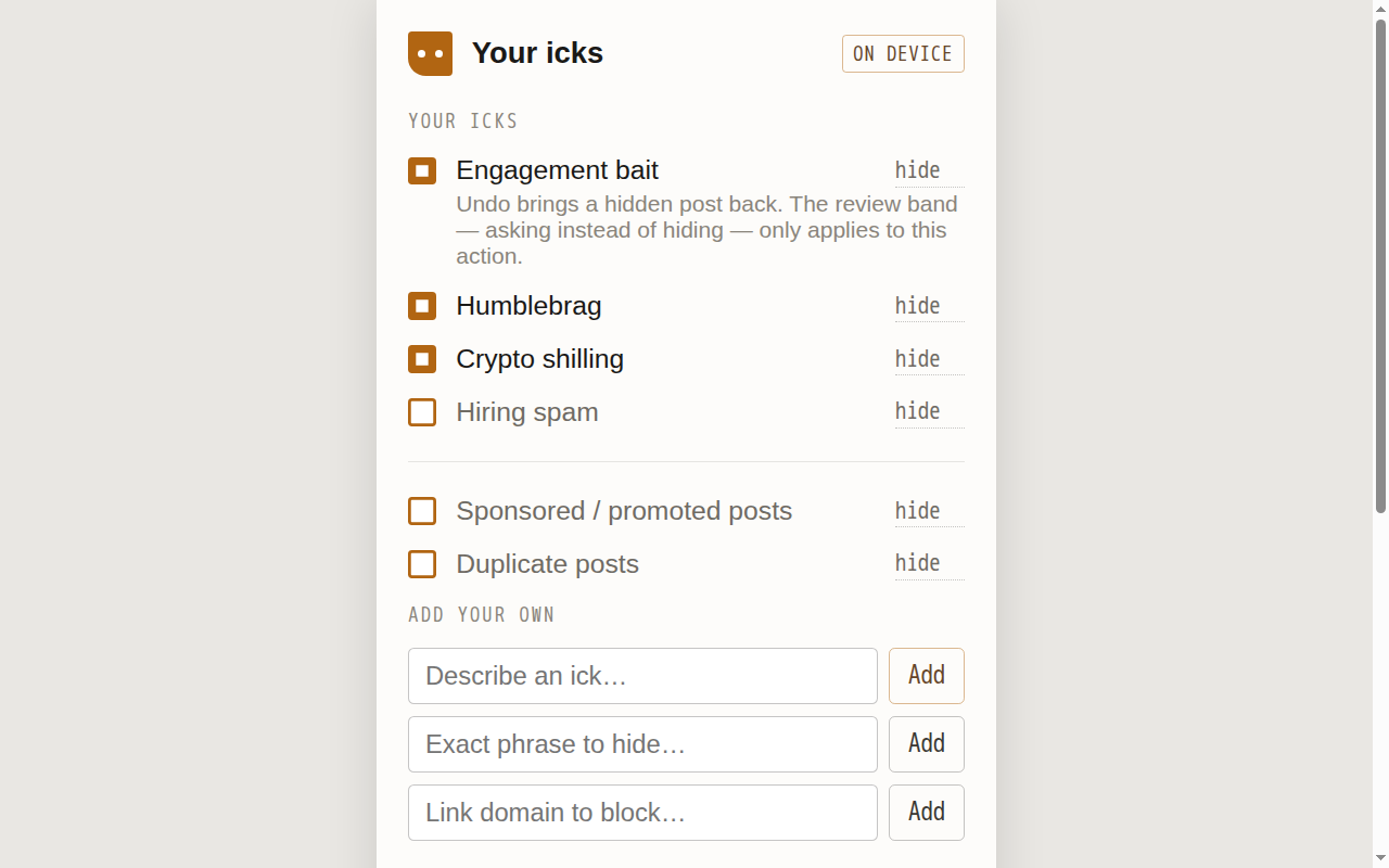 The YAIkes popup: a list of icks with checkboxes, and three fields for adding your own.